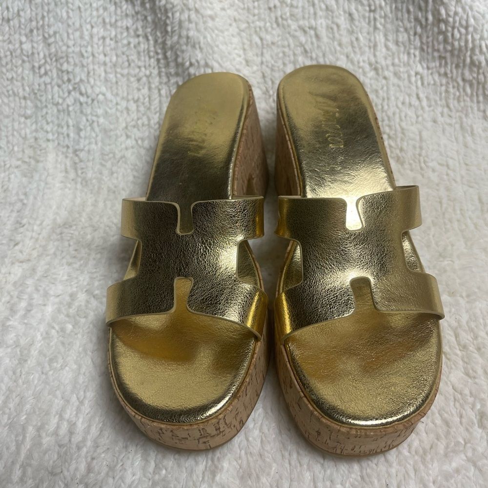 Aliana Gold synthetic slide cork platform block heel Sandals SZ9